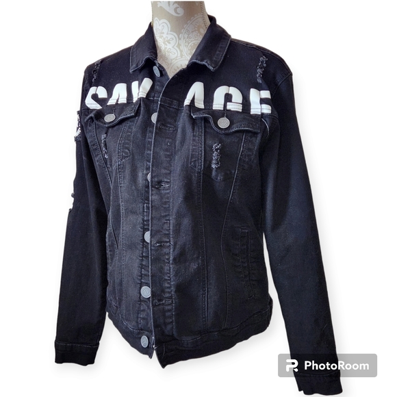Spark Premium Black Denim Savage Distressed Jacket size Medium - Picture 9 of 11
